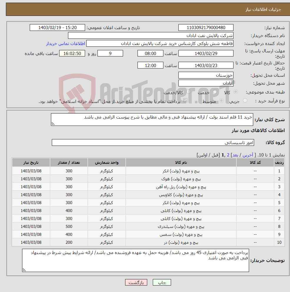 تصویر کوچک آگهی نیاز انتخاب تامین کننده-خرید 11 قلم استد بولت / ارائه پیشنهاد فنی و مالی مطابق با شرح پیوست الزامی می باشد
