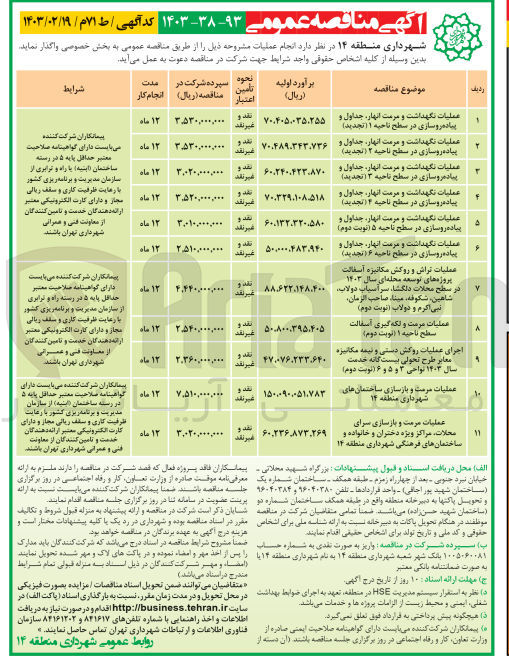 تصویر کوچک آگهی عملیات نگهداشت و مرمت انهار، جداول و پیاده روسازی در سطح ناحیه 5