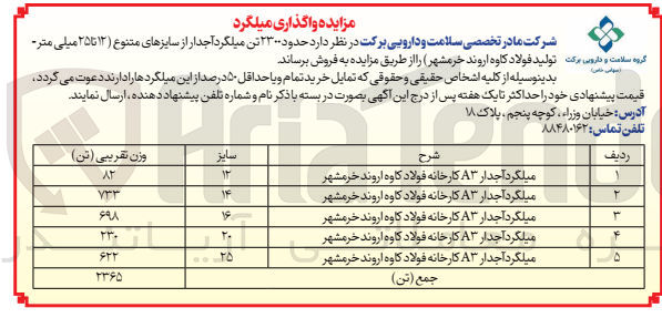 تصویر کوچک آگهی فروش حدود 2300 تن میلگرد آجدار از سایزهای متنوع 12 تا 25 میلی متر- تولید فولاد کاوه اروند خرمشهر)