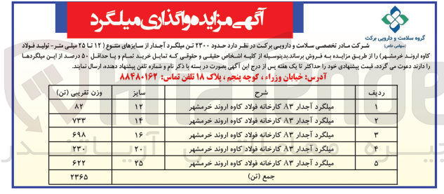 تصویر کوچک آگهی فروش حدود 2300تن میلگرد آجدار از سایز های متنوع (12تا 25 میلی متر -تولید فولاد کاوه اروند خرمشهر)