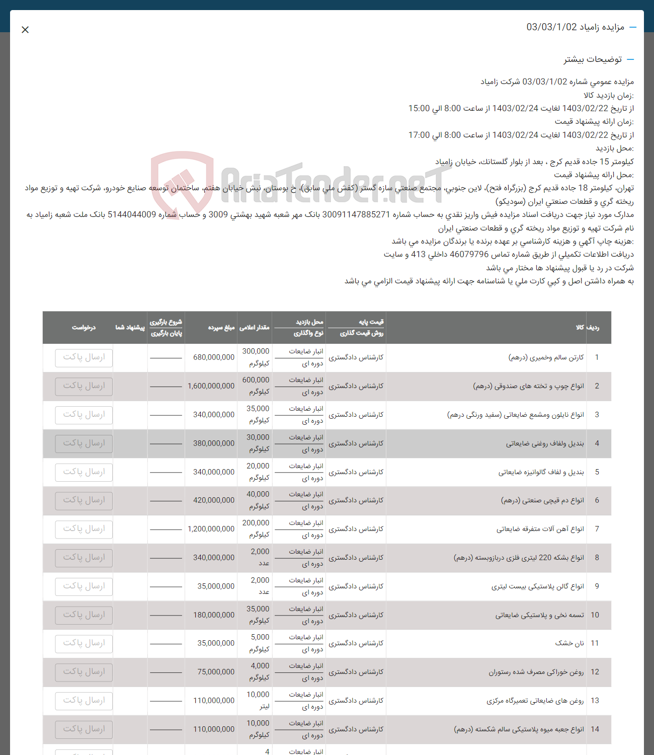 تصویر کوچک آگهی فروش اقلام در 14 ردیف :
کارتن سالم و خمیری -انواع آهن آلات متفرقه-نان خشک -انوام دم قیچی صنعتی -روغن خوراکی مصرف رستوران و .....