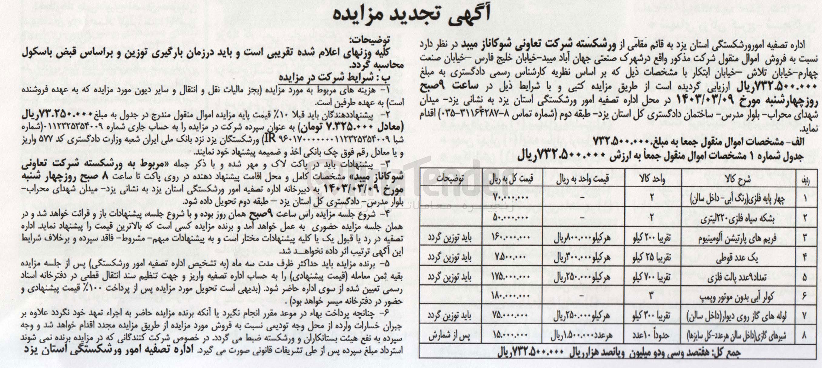 تصویر کوچک آگهی فروش اموال منقول در 8 ردیف شامل چهار پایه فلزی - بشکه سیاه فلزی - فریم های پارتیشن آلومینیوم - قوطی - پالت فلزی - کولر ابی - لوله های گاز روی دیوار - شیرهای گازی 