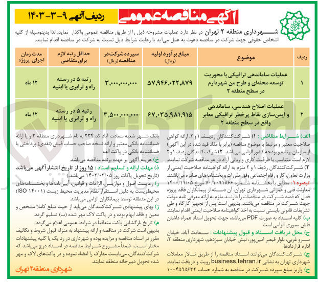 تصویر کوچک آگهی عملیات اصلاح هندسی، ساماندهی و ایمن سازی نقاط پرخطر ترافیکی معابر واقع در سطح منطقه ۲