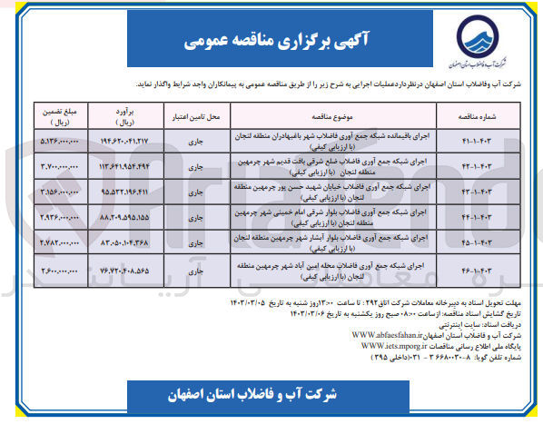 تصویر کوچک آگهی اجرای شبکه جمع آوری فاضلاب محله امین آباد شهر چرمهین منطقه لنجان (با ارزیابی کیفی)