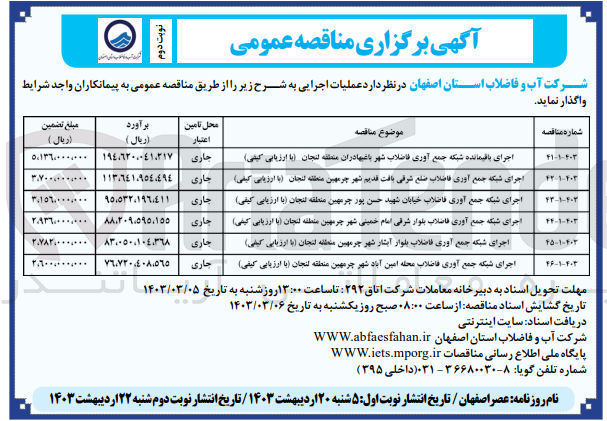 تصویر کوچک آگهی اجرای شبکه جمع آوری فاضلاب بلوار آبشار شهر چرمهین منطقه لنجان (با ارزیابی کیفی)