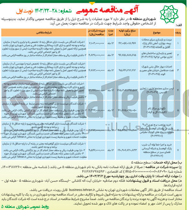 تصویر کوچک آگهی احداث دیوار حائل بتنی شهرک نفت حدفاصل خیابانهای معین و  الوند (۴۰۳۱۰۳۵)