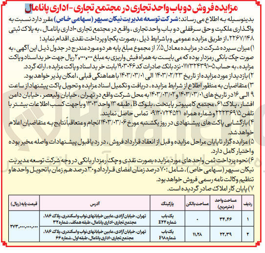 تصویر کوچک آگهی واگذاری ملکیت و سرقفلی دوباب واحد تجاری  به پلاک ثبتی 2267/148