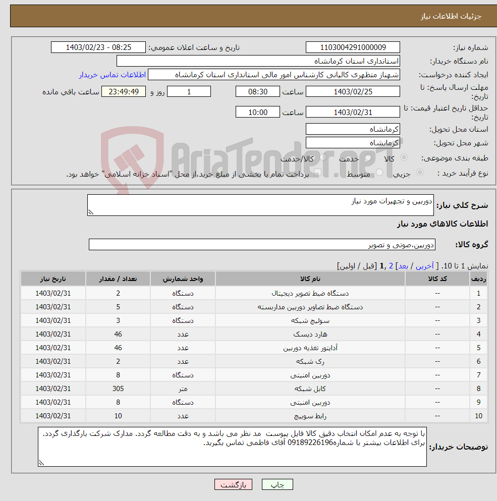تصویر کوچک آگهی نیاز انتخاب تامین کننده-دوربین و تجهیرات مورد نیاز