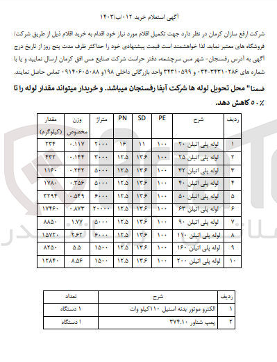 تصویر کوچک آگهی جهت استعلام خرید اقلام زیر :
1- لوله پلی اتیلن ۲۰
2- لوله پلی اتیلن ۲۵
3- لوله پلی اتیلن ۳۲
4- لوله پلی اتیلن 40
5- لوله پلی اتیلن 50
6- لوله پلی اتیلن 63
7- لوله پلی اتیلن 90
8- لوله پلی اتیلن 110
9- لوله پلی اتیلن 160
10- لوله پلی اتیلن 200
11- الکترو موتور بدنه استیل ۱۱۰ کیلو وات
12- یمپ شناور ۳۷۴.۱۰