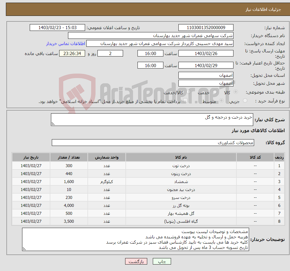 تصویر کوچک آگهی نیاز انتخاب تامین کننده-خرید درخت و درخچه و گل 