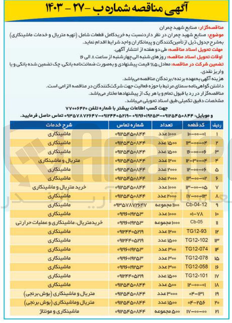 تصویر کوچک آگهی  خرید کامل قطعات شامل تهیه متریال و خدمات ماشینکاری