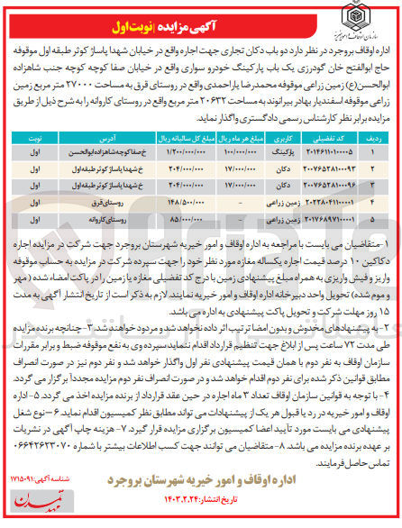 تصویر کوچک آگهی واگذاری اماکن در 5 ردیف با کاربری پارکینگ - دکان - زمین زراعی 