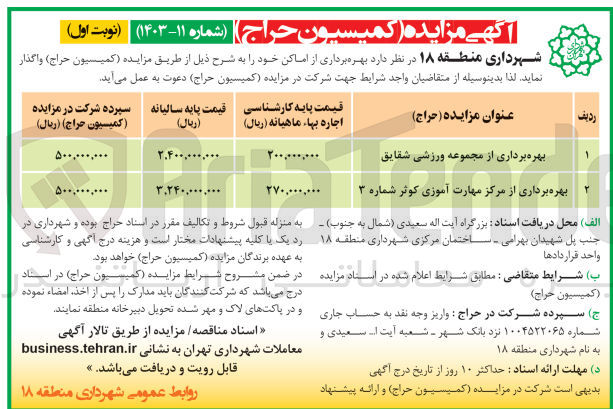 تصویر کوچک آگهی بهره برداری از اماکن در 2 ردیف شامل مجموعه ورزشی  - مرکز مهارت آموزی 