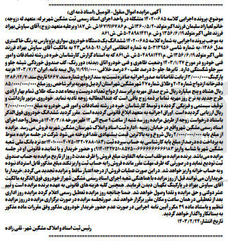 تصویر کوچک آگهی پرونده اجرایی کلاسه :140200685
فروش ششدانگ یک دستگاه خودرو سواری پژوپارس 