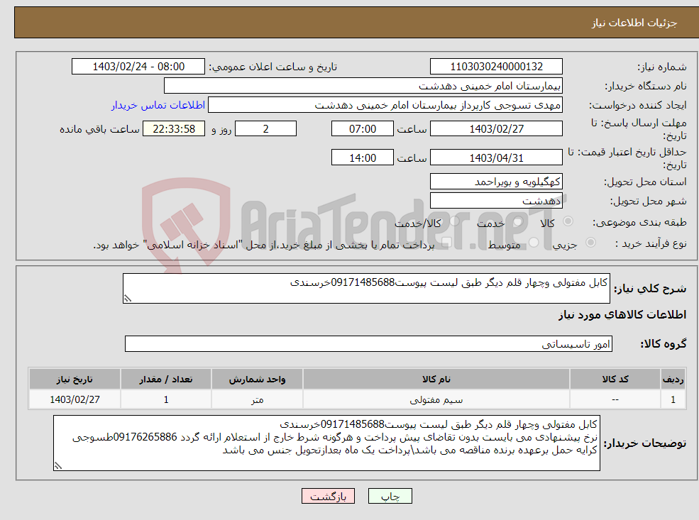 تصویر کوچک آگهی نیاز انتخاب تامین کننده-کابل مفتولی وچهار قلم دیگر طبق لیست پیوست09171485688خرسندی 