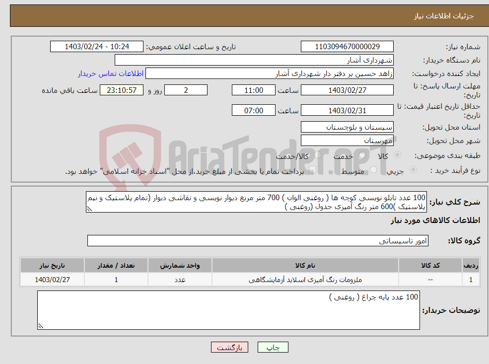 تصویر کوچک آگهی نیاز انتخاب تامین کننده-100 عدد تابلو نویسی کوچه ها ( روغنی الوان ) 700 متر مربع دیوار نویسی و نقاشی دیوار (تمام پلاستیک و نیم پلاستیک )600 متر رنگ آمیزی جدول (روغنی ) 