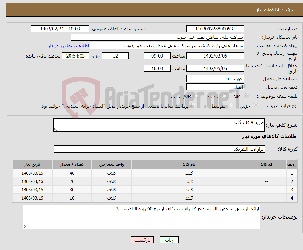 تصویر کوچک آگهی نیاز انتخاب تامین کننده-خرید 4 قلم گلند