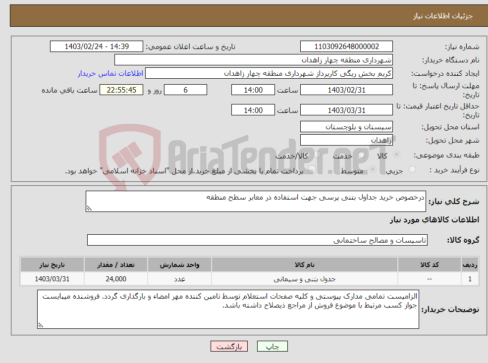 تصویر کوچک آگهی نیاز انتخاب تامین کننده-درخصوص خرید جداول بتنی پرسی جهت استفاده در معابر سطح منطقه 