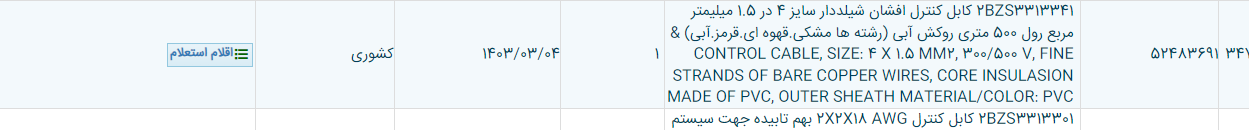 تصویر کوچک آگهی 2BZS3313341 کابل کنترل افشان شیلددار سایز 4 در 1.5 میلیمتر مربع رول 500 متری روکش آبی (رشته ها مشکی.قهوه ای.قرمز.آبی) & CONTROL CABLE, SIZE: 4 X 1.5 MM2, 300/500 V, FINE STRANDS OF BARE COPPER WIRES, CORE INSULASION MADE OF PVC, OUTER SHEATH MATERIAL/COLOR: PVC