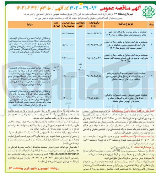 تصویر کوچک آگهی عملیات مرمت انهار، جداول و پیاده روسازی خیابان 