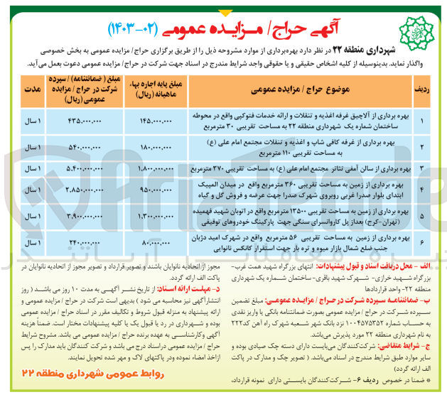 تصویر کوچک آگهی بهره برداری از آلاچیق غرفه اغذیه - کافی شاپ و اغذیه و تنقلات - سالن آمفی تئاتر - زمین به مساحت تقریبی 360 متر مربع - زمین به مساحت تقریبی 13500 متر مربع - زمین به مساحت تقریبی 56 متر مربع