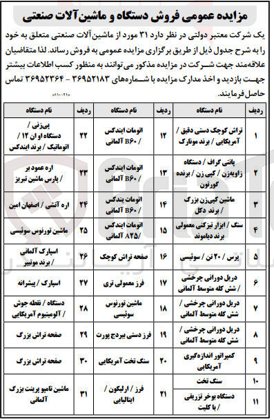تصویر کوچک آگهی فروش ماشین آلات صنعتی در 11 ردیف :
پانتی گراف-ماشین کپی زن بزرگ-دریل دورانی-کمپراتور اندازه گیری و....