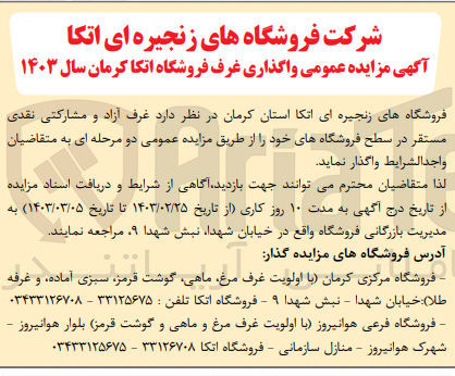 تصویر کوچک آگهی واگذاری غرف فروشگاه اتکا کرمان سال 1403 