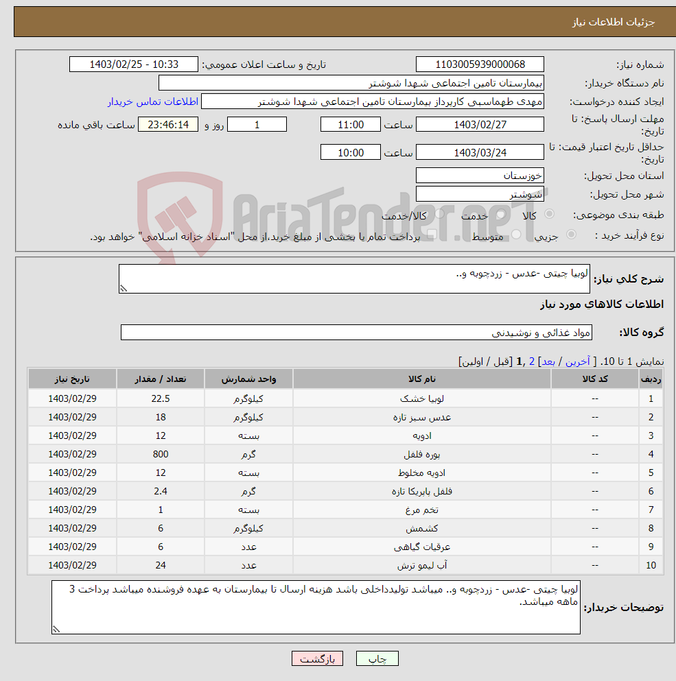 تصویر کوچک آگهی نیاز انتخاب تامین کننده-لوبیا چیتی -عدس - زردچوبه و.. 