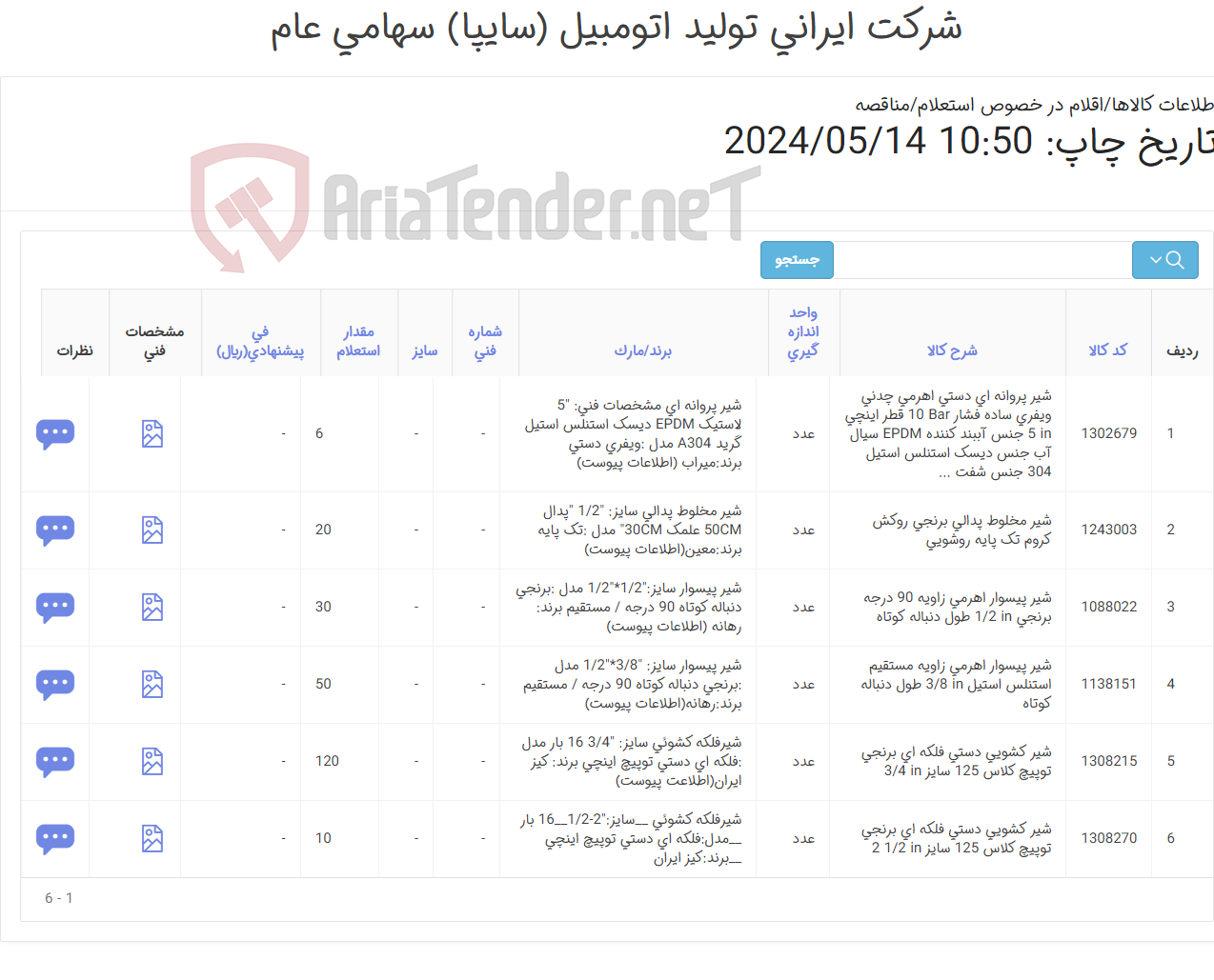 تصویر کوچک آگهی 6 ردیف انواع شیرآلات(شیر ‎کشویی وشیر ‎پیسوار)