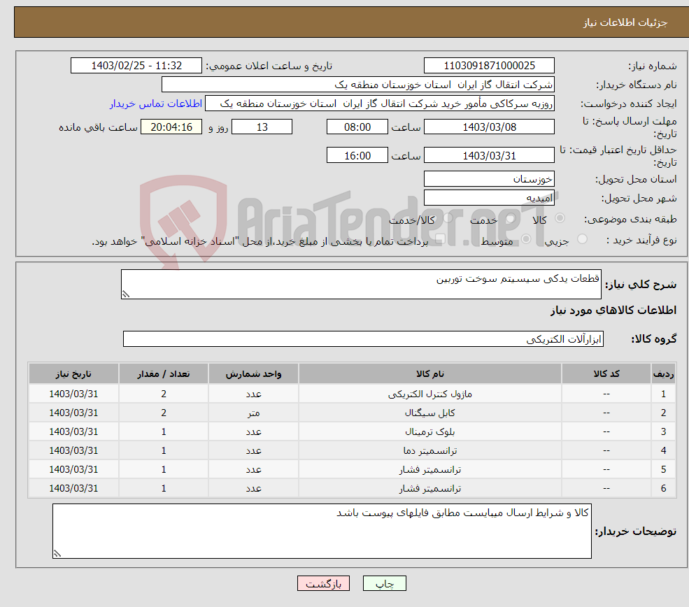 تصویر کوچک آگهی نیاز انتخاب تامین کننده-قطعات یدکی سیسیتم سوخت توربین