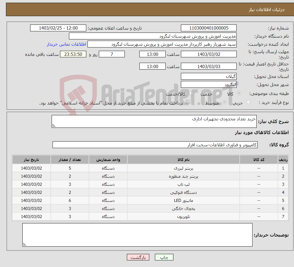 تصویر کوچک آگهی نیاز انتخاب تامین کننده-خرید تعداد محدودی تجهیزات اداری