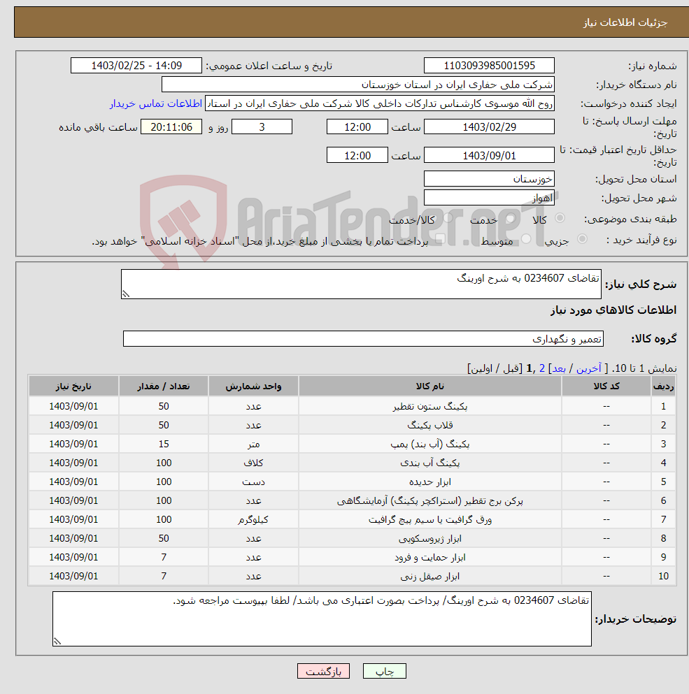 تصویر کوچک آگهی نیاز انتخاب تامین کننده-تقاضای 0234607 به شرح اورینگ