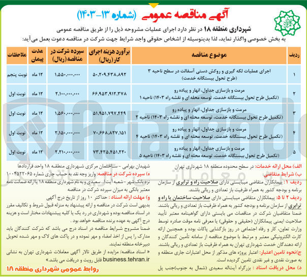 تصویر کوچک آگهی مرمت و بازسازی جداول، انهار و پیاده رو (تکمیل طرح تحول بیستگانه خدمت، توسعه محله ای و نقشه راه 1403) ناحیه 5