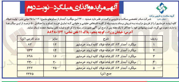 تصویر کوچک آگهی فروش حدود 2300 تن میلگرد آجدار از سایزهای متنوع 12 تا 25 میلتولید فولاد کاوه اروند خرمشهر)