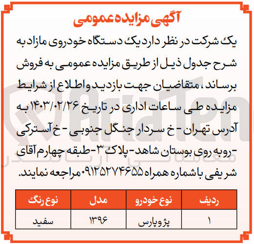 تصویر کوچک آگهی فروش یک دستگاه خودروی مازاد : پژو پارس مدل 1396