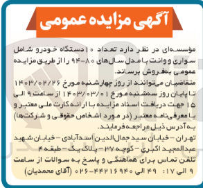 تصویر کوچک آگهی فروش 10 دستگاه خودرو شامل سواری و وانت 