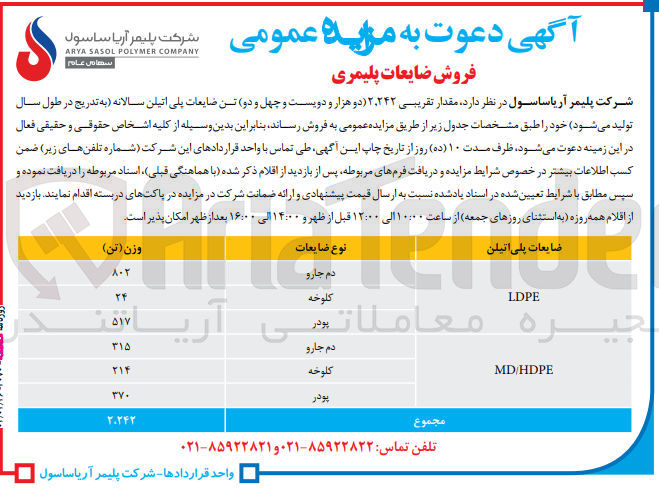تصویر کوچک آگهی فروش مقدار تقریبی 2،242 تن ضایعات پلی اتیلن :
دم جارو - کلوخه-پودر 