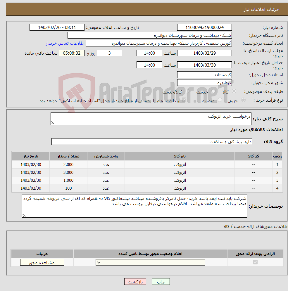 تصویر کوچک آگهی نیاز انتخاب تامین کننده-درخواست خرید آنژیوکت 