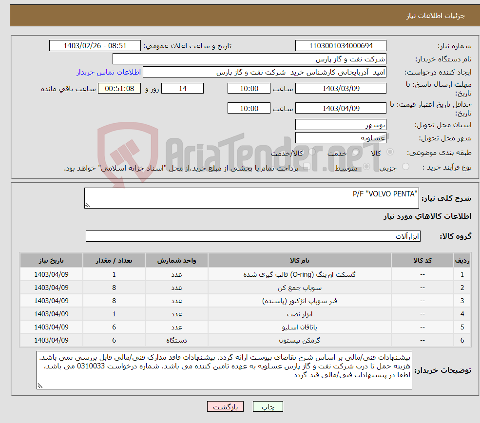 تصویر کوچک آگهی نیاز انتخاب تامین کننده-"P/F "VOLVO PENTA