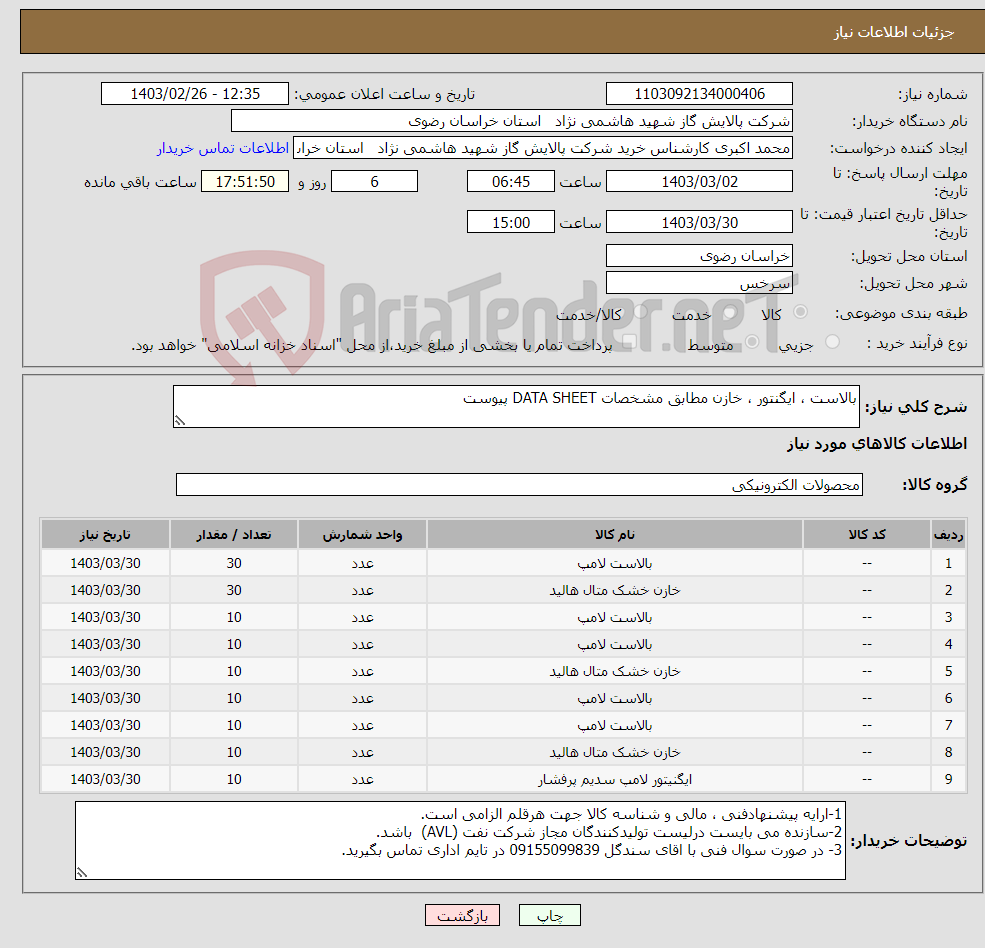 تصویر کوچک آگهی نیاز انتخاب تامین کننده-بالاست ، ایگنتور ، خازن مطابق مشخصات DATA SHEET پیوست 