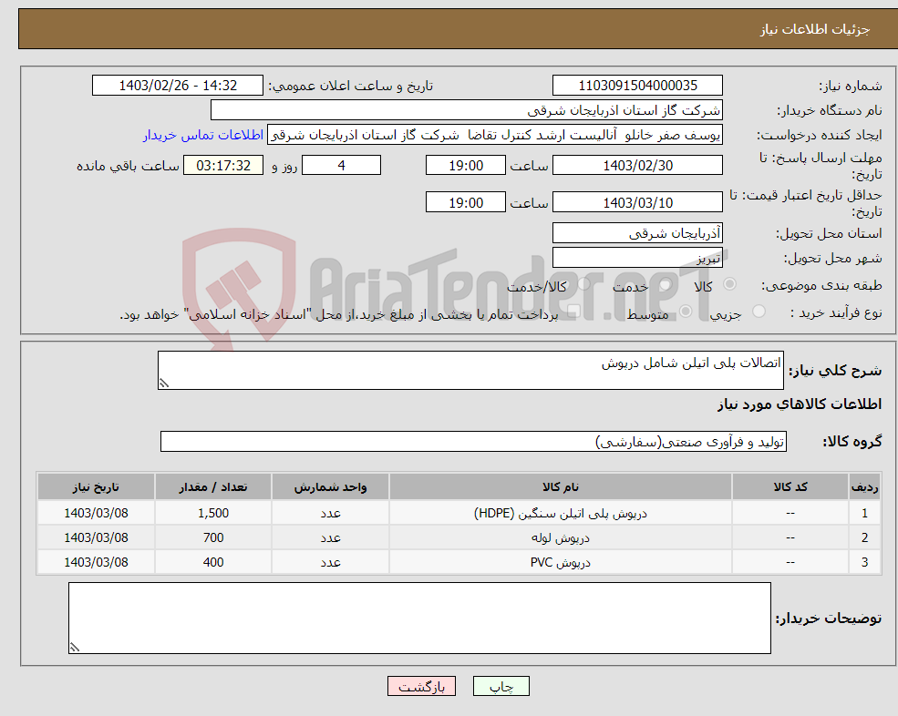 تصویر کوچک آگهی نیاز انتخاب تامین کننده-اتصالات پلی اتیلن شامل درپوش