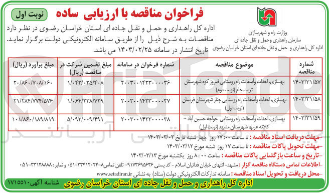 تصویر کوچک آگهی بهسازی، احداث و آسفالت راه روستایی 