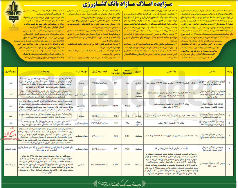 تصویر کوچک آگهی فروش تعدادی از املاک مازاد خود در 8 ردیف با کاربری تجاری - منزل مسکونی - اداری - سردخانه
