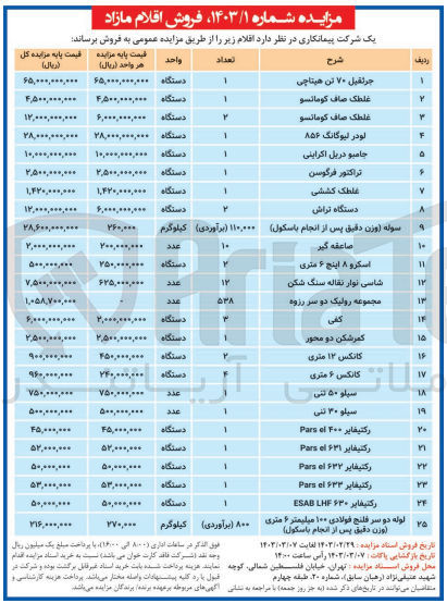 تصویر کوچک آگهی فروش اقلام در 25 ردیف شامل جرثقیل 70 تن هیتاچی - غلطک صاف کوماتسو - لودر لیوگانگ 856 - جامبو دریل اکراینی - تراکتور فرگوسن - غلطک کششی - دستگاه تراش - سوله - صاعقه گیر - اسکرو 8 اینچ 6 متری - شاسی نوار نقاله سنگ شکن - مجموعه رولیک دو سر رزوه - کفی - کمرشکن دو محور - کانکس 12 و 6 متری - سیلو 50 و 30 تنی - رکتیفایر - لوله دو سر فلنج فولادی 100 میلیمتر 6 متری 