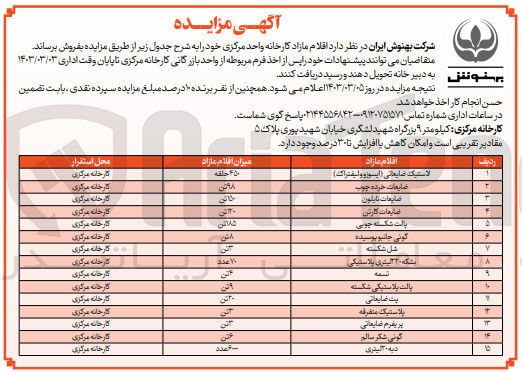 تصویر کوچک آگهی فروش اقلام مازاد کارخانه واحد مرکزی خود در 15 ردیف شامل لاستیک ضایعاتی (ایسوزو و لیفتراک) - ضایعات خرده چوب - ضایعات نایلون - ضایعات کارتن - پالت شکسته چوبی - گونی جانبو پوسیده - شل شکسته - بشکه 220 لیتری پلاستیکی - تسمه - پالات پلاستیکی شکسته - پت ضایعاتی - پلاستیک متفرقه - پریفرم ضایعاتی - گونی شکر سالم - دبه 20 لیتری