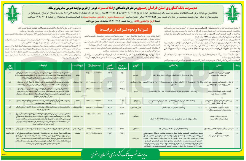 تصویر کوچک آگهی فروش تعدادی از املاک مازاد خود در 8 ردیف با کاربری تجاری - منزل مسکونی - اداری - سردخانه