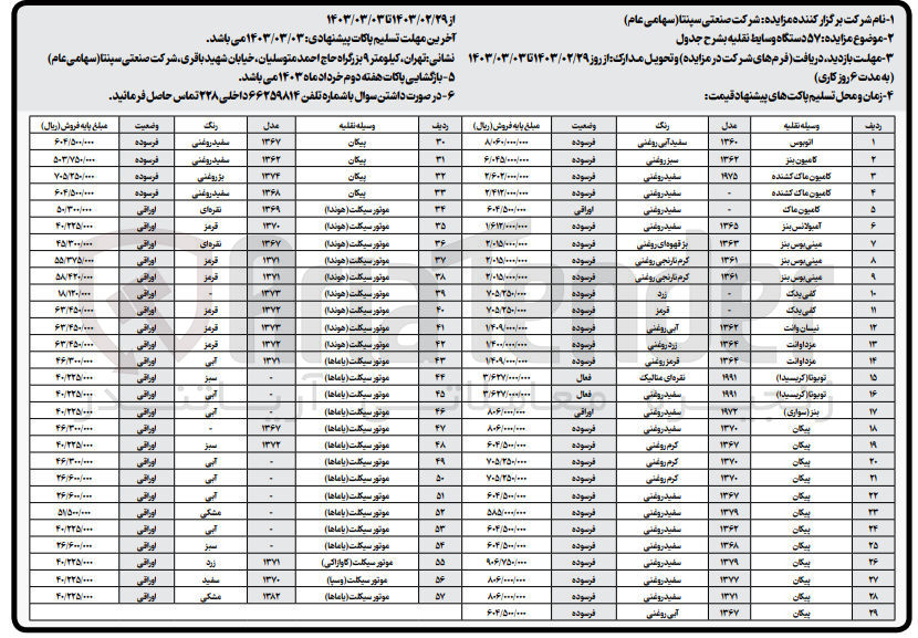 تصویر کوچک آگهی 57 دستگاه وسایط نقلیه شامل اتوبوس - کامیون بنز - کامیون ماک کشنده - آمبولانس بنز - مینی بوس بنز - کفی یدک - نیسان وانت - مزا وانت - پیکان - موتورسیکلت ..