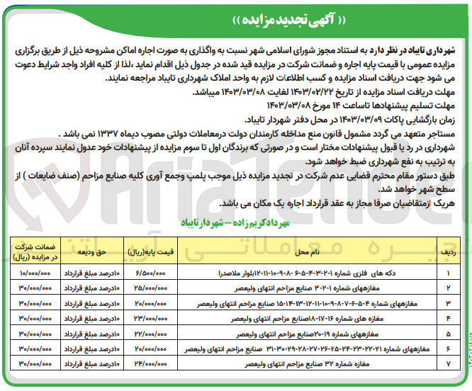 تصویر کوچک آگهی اجاره اماکن در 7 ردیف شامل دکه های فلزی - مغازه 
