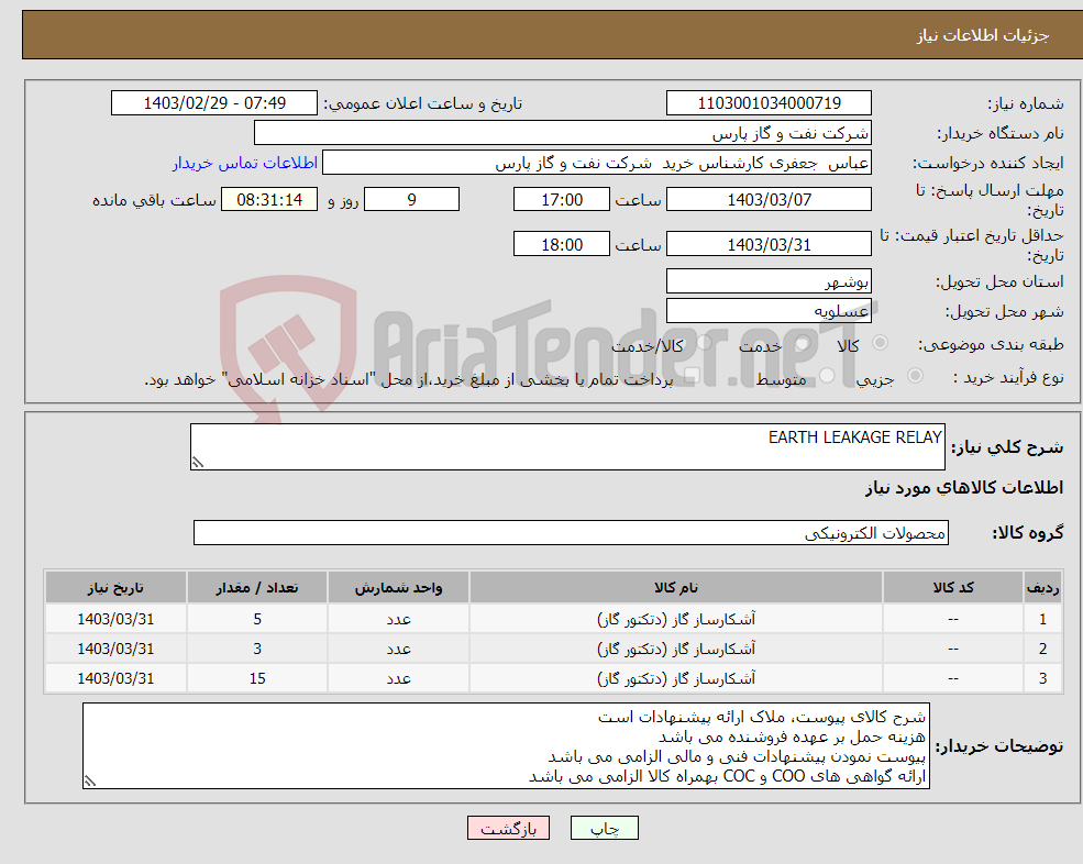 تصویر کوچک آگهی نیاز انتخاب تامین کننده-EARTH LEAKAGE RELAY