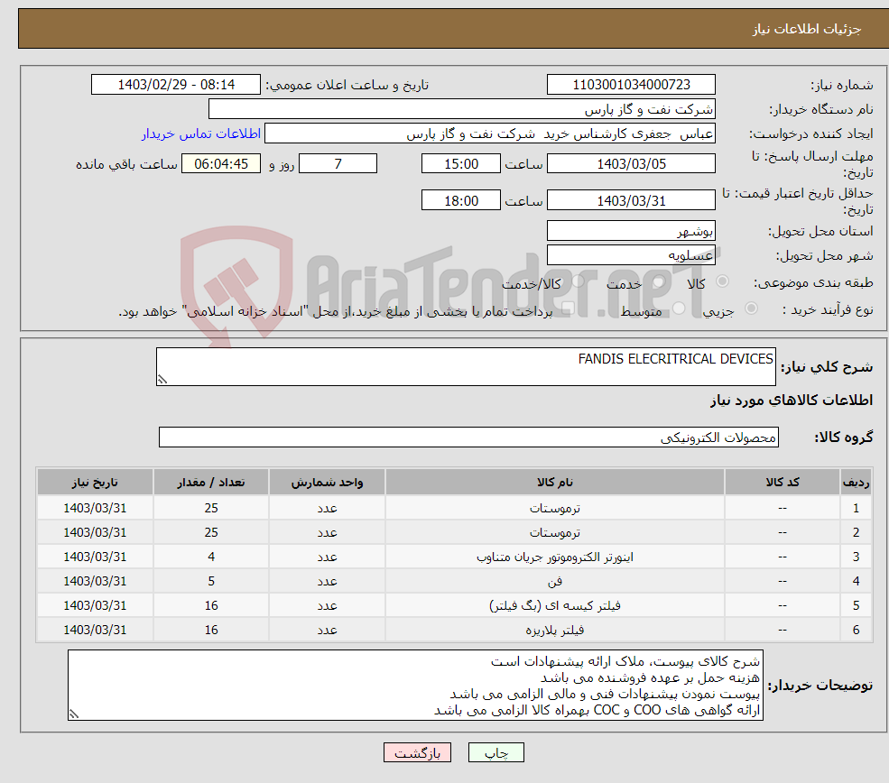 تصویر کوچک آگهی نیاز انتخاب تامین کننده-FANDIS ELECRITRICAL DEVICES